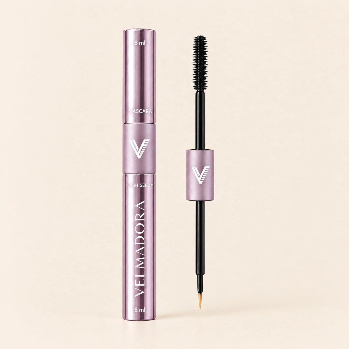 Velmadora Mascara + Lash Serum Duo Pen, closed tube and central grip with both applicators