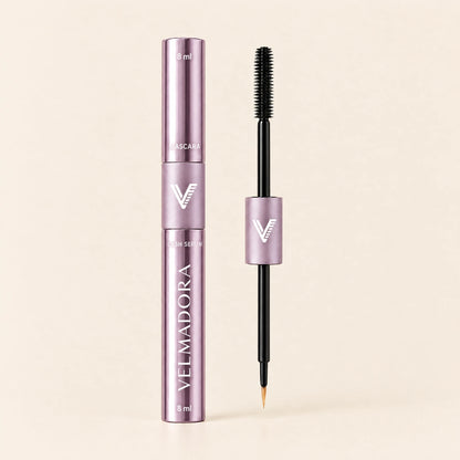 Velmadora Mascara + Lash Serum Duo Pen, closed tube and central grip with both applicators