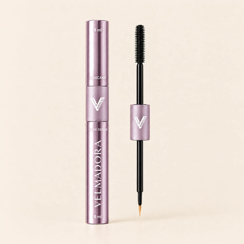 Velmadora Mascara + Lash Serum Duo Pen, closed tube and central grip with both applicators