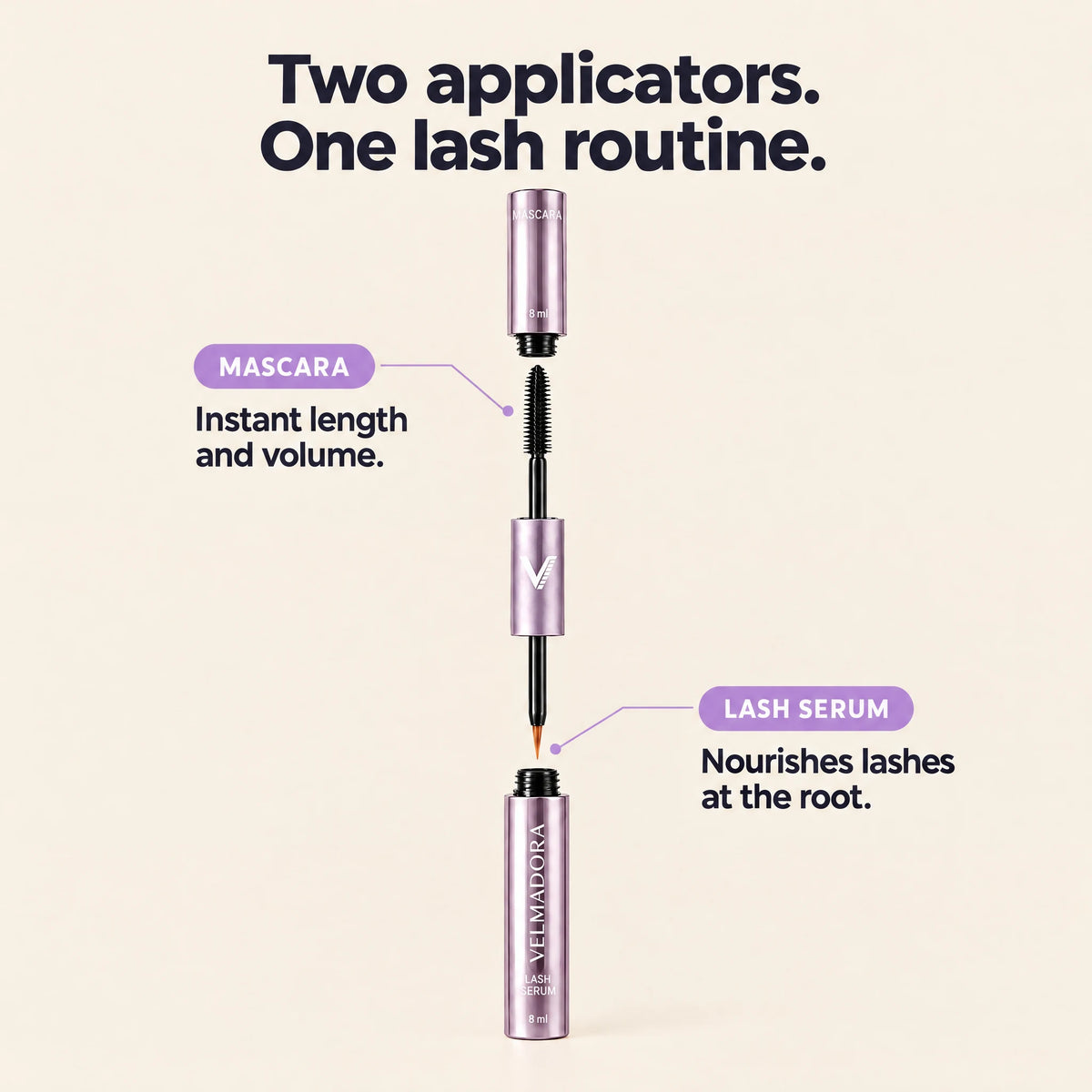 Two applicators, one lash routine: mascara for instant length and volume, lash serum that nourishes at the root