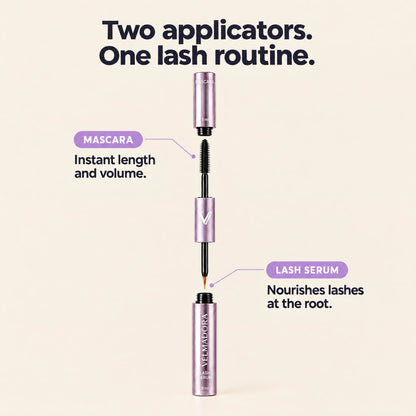 Two applicators, one lash routine: mascara for instant length and volume, lash serum that nourishes at the root