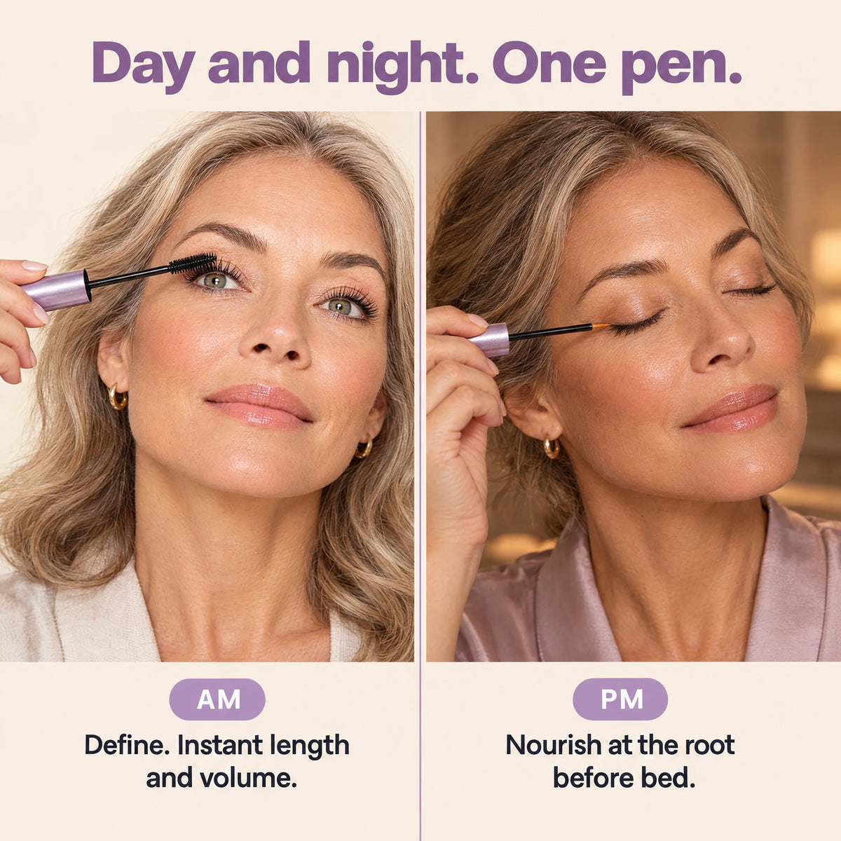 Day and night, one pen: mascara in the morning, lash serum at the root before bed