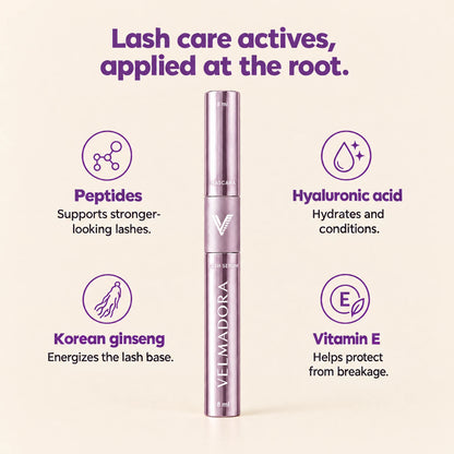 Lash care actives applied at the root: peptides, hyaluronic acid, Korean ginseng, vitamin E