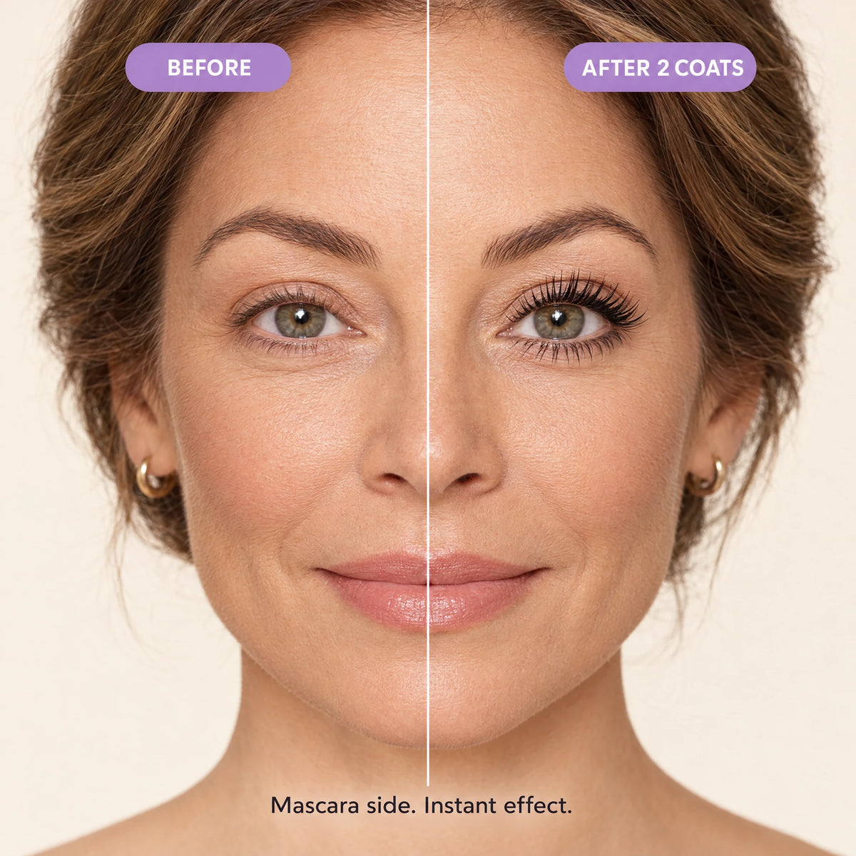 Before and after two coats of the mascara side, instant effect